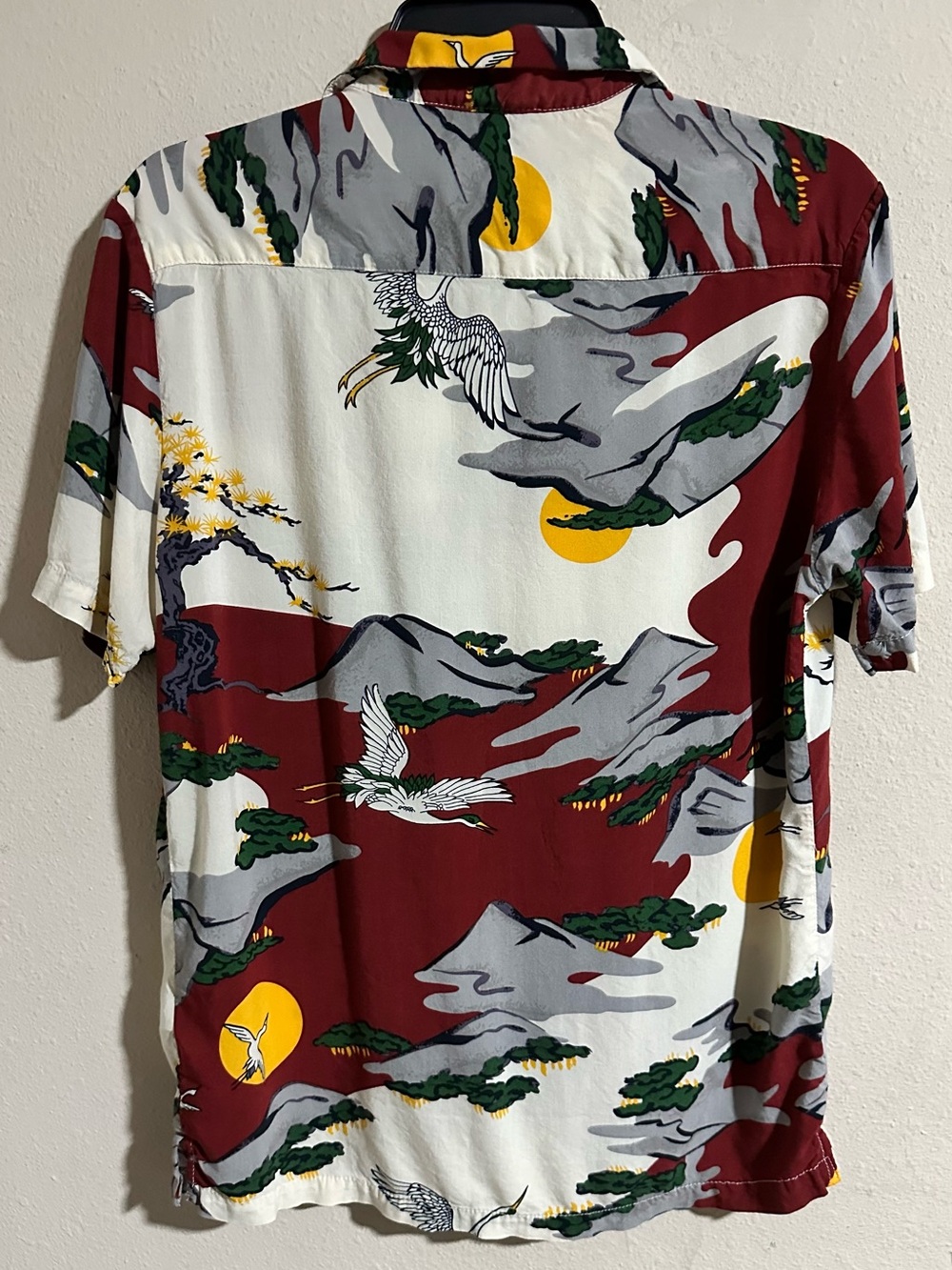 Denim & Flower Ricky Singh Burgundy, Cream & Yellow Crane Print Shirt - Picture 6 of 9